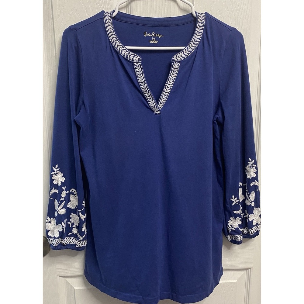 Lilly Pulitzer Kacia Womens‎ Knit Tunic Oyster Bay Royal Blue Top Embroidered XS